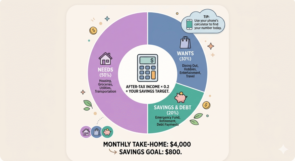 Pie chart infographic illustrating the 50 30 20 budgeting rule with calculation example showing how to determine monthly savings target