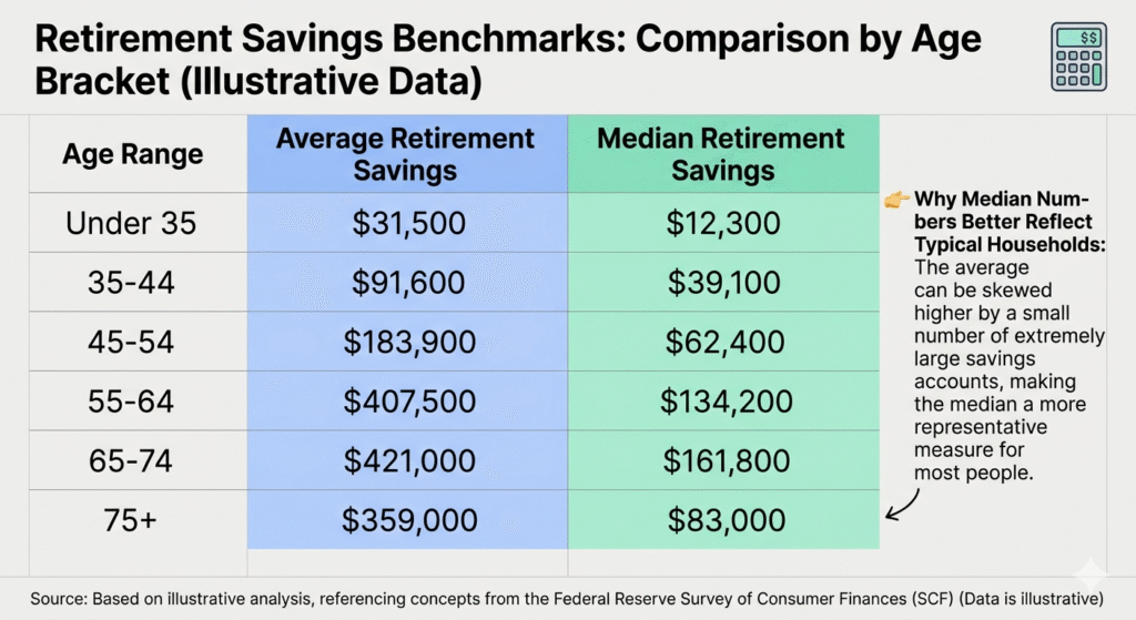 Comparison table showing average and median retirement savings by age brackets from under 35 to 75 plus using Federal Reserve data