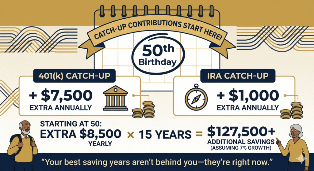 Catch-up contributions guide for savers over 50 showing extra 401k and IRA contribution limits with fifteen-year growth projection example