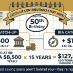 Catch-up contributions guide for savers over 50 showing extra 401k and IRA contribution limits with fifteen-year growth projection example