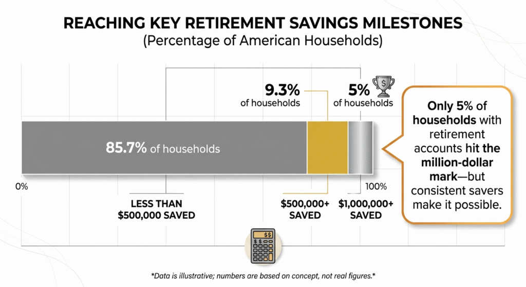 Progress bar visualization showing only 5 percent of American households reach one million dollars in retirement savings while 9.3 percent reach five hundred thousand